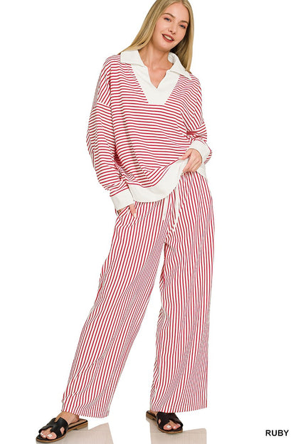 Zenana Striped Split Neck Collared Top & Pants Set 3607Y