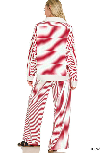Zenana Striped Split Neck Collared Top & Pants Set 3607Y