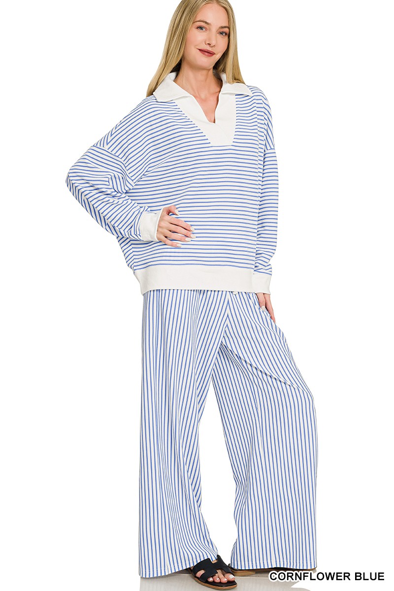 Zenana Striped Split Neck Collared Top & Pants Set 3607Y
