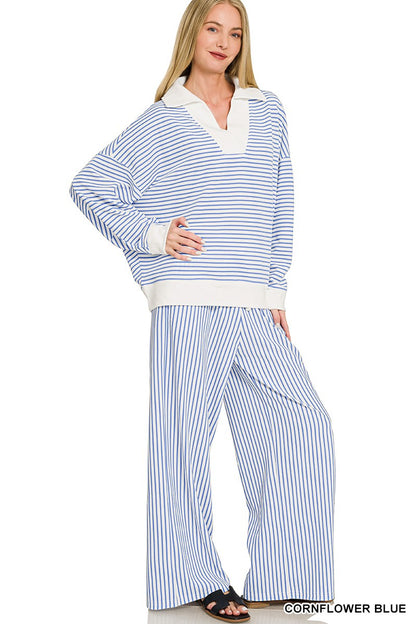 Zenana Striped Split Neck Collared Top & Pants Set 3607Y