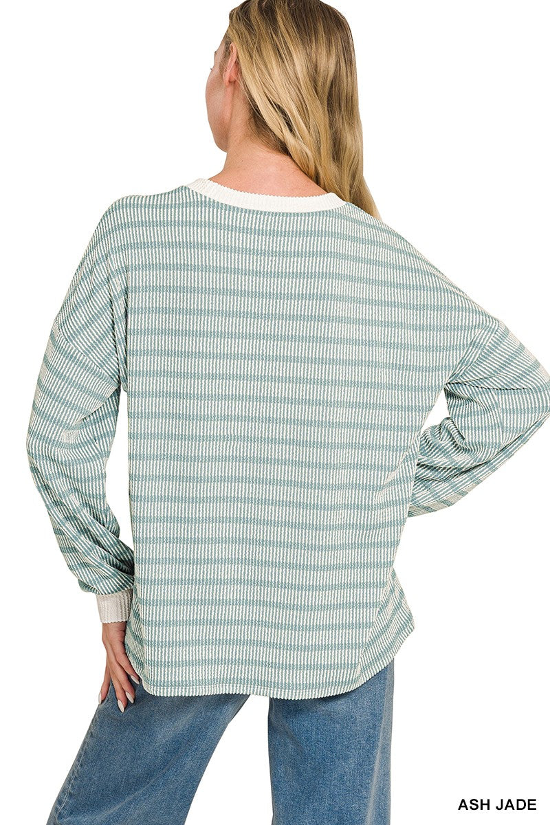 Zenana Raised Rib Striped Pullover & Pants Set 8660A5