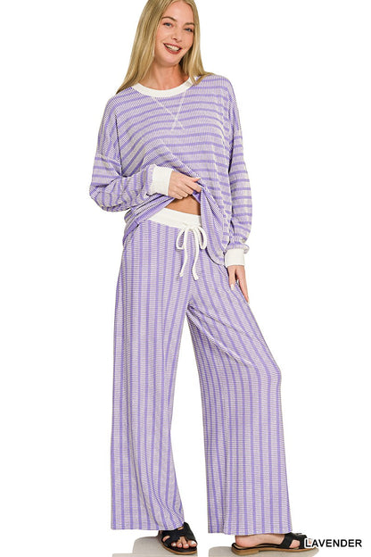 Zenana Raised Rib Striped Pullover & Pants Set 8660A5