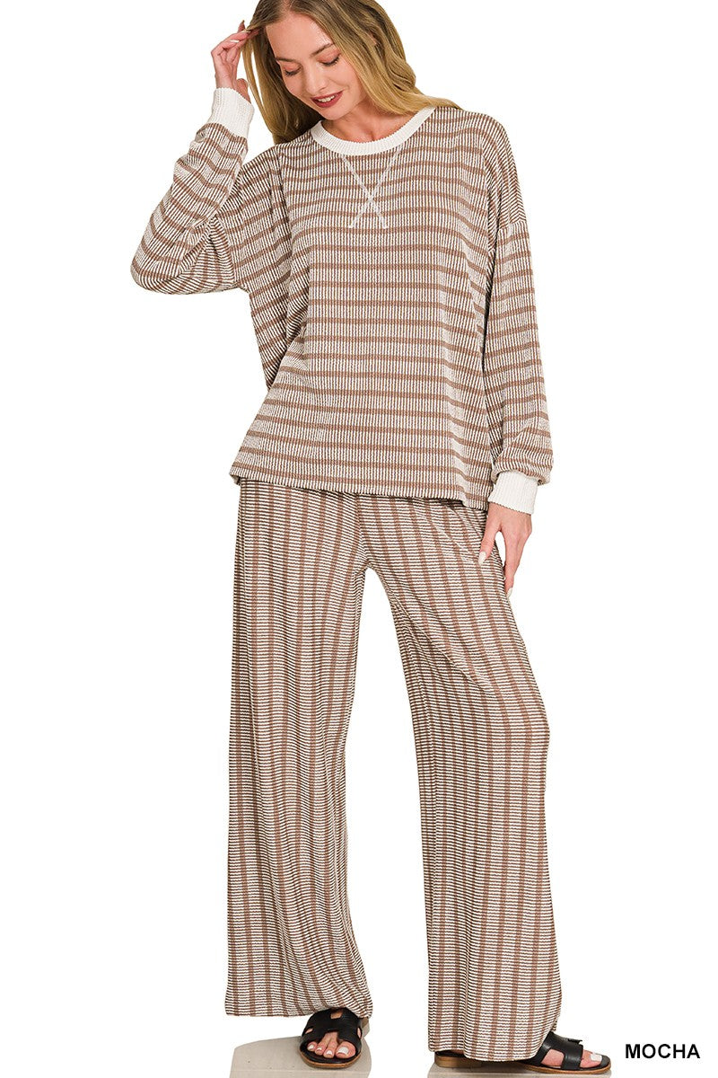 Zenana Raised Rib Striped Pullover & Pants Set 8660A5