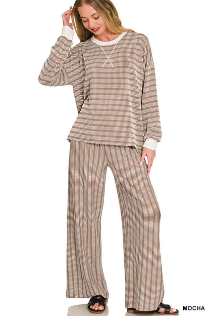 Zenana Raised Rib Striped Pullover & Pants Set 8660A5