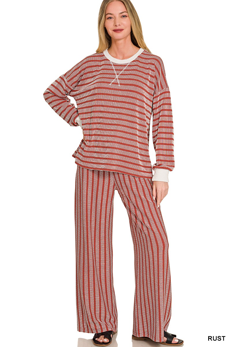 Zenana Raised Rib Striped Pullover & Pants Set 8660A5