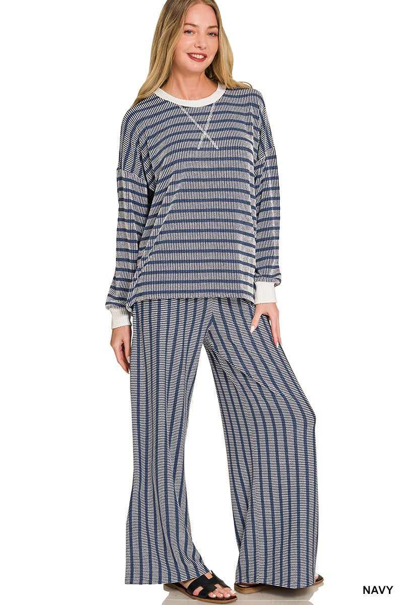 Zenana Raised Rib Striped Pullover & Pants Set 8660A5