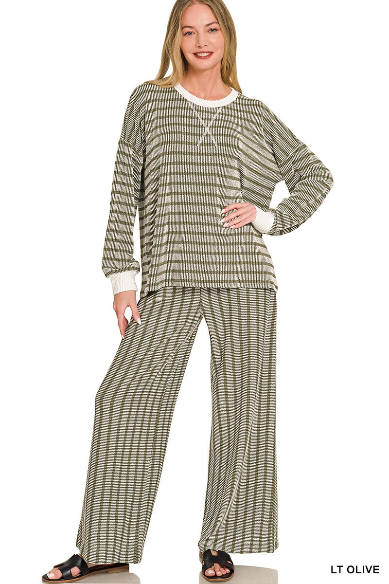 Zenana Raised Rib Striped Pullover & Pants Set 8660A5