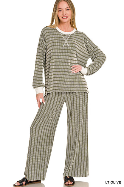 Zenana Raised Rib Striped Pullover & Pants Set 8660A5