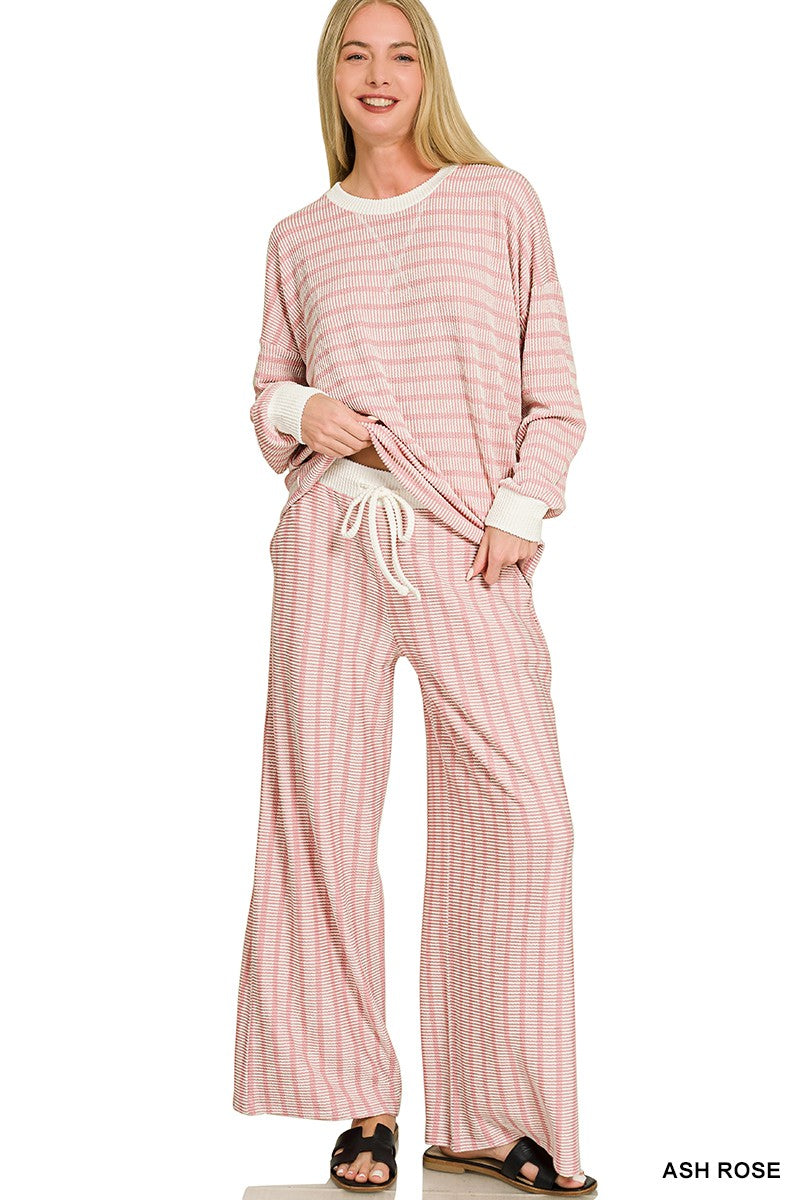 Zenana Raised Rib Striped Pullover & Pants Set 8660A5