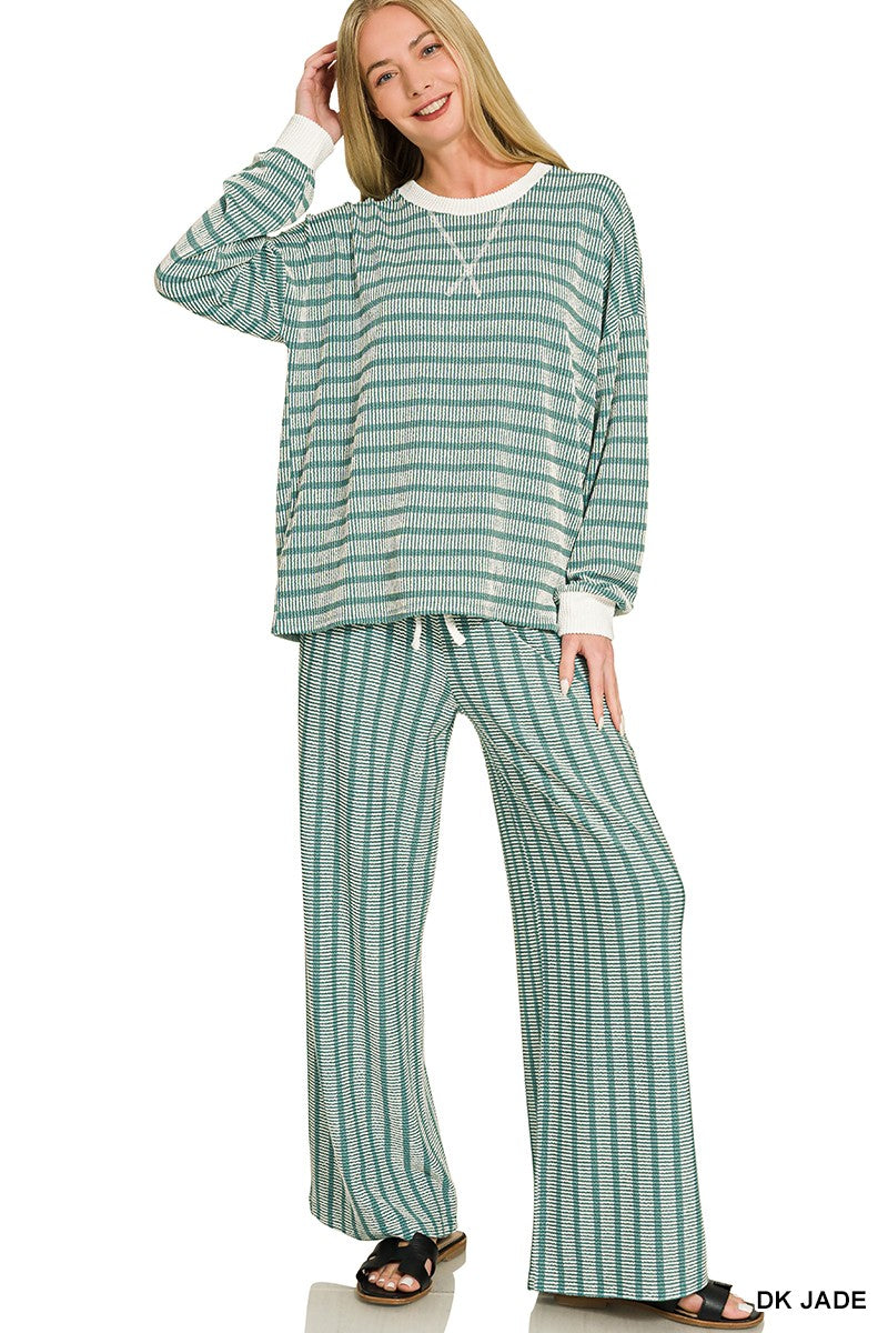 Zenana Raised Rib Striped Pullover & Pants Set 8660A5