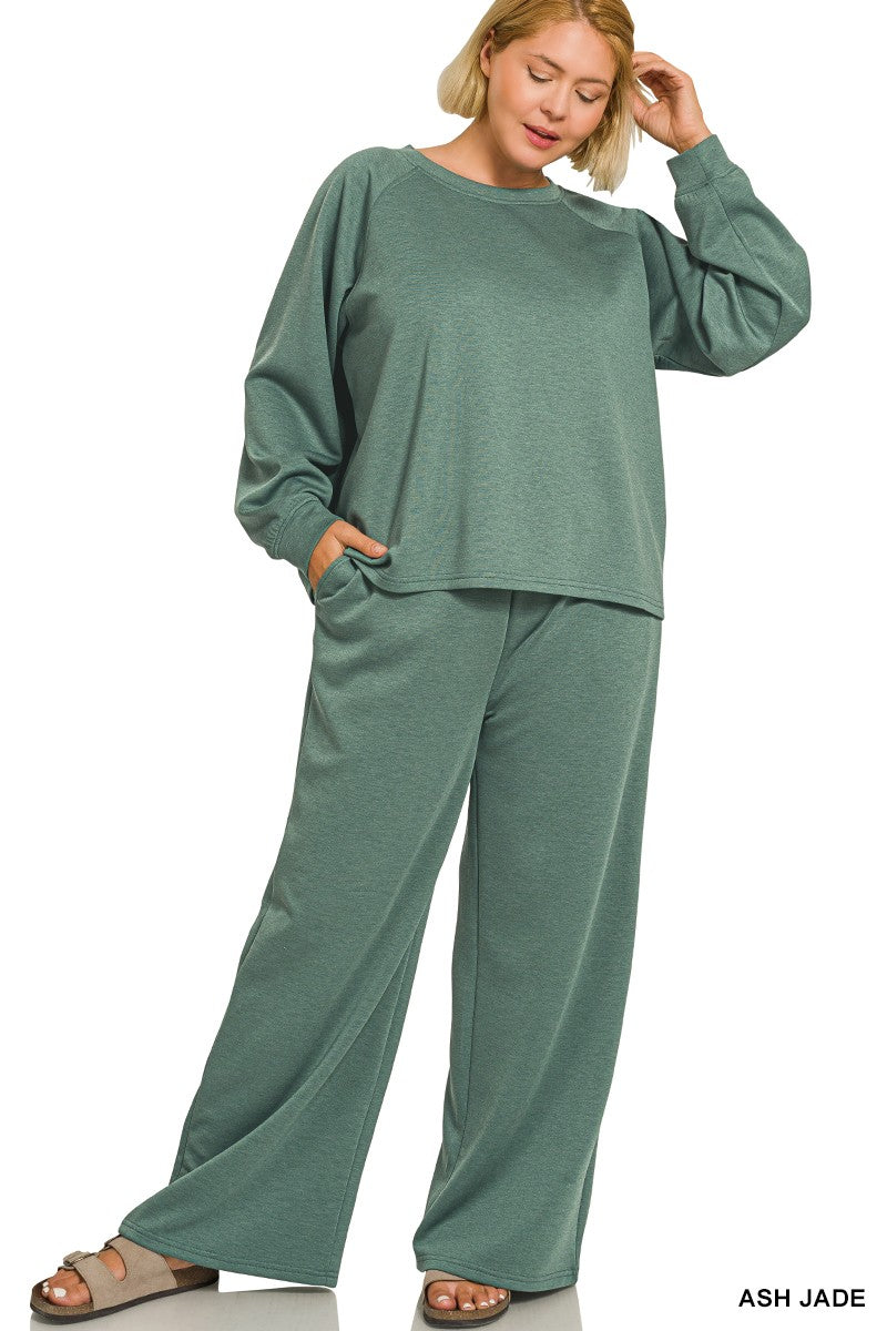 Zenana Plus Scuba Crewneck Pullover & Pants 2 Pieces Set 4114X5