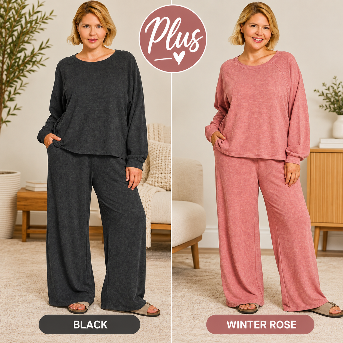 Zenana Plus Slub Long Sleeve Top & Pants 2pcs Set 3473X5