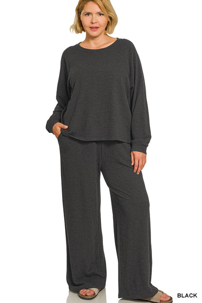 Zenana Plus Slub Long Sleeve Top & Pants 2pcs Set 3473X5