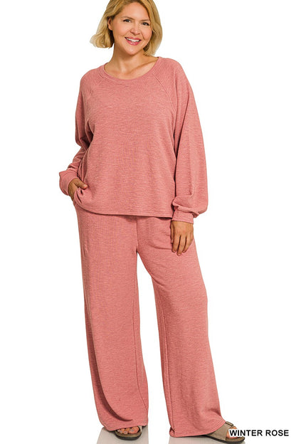 Zenana Plus Slub Long Sleeve Top & Pants 2pcs Set 3473X5