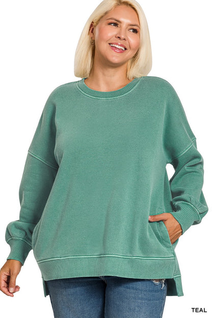Zenana Plus Pigment Dye Fleece Hi-Low Hem Pullover With Pocket 4383X5