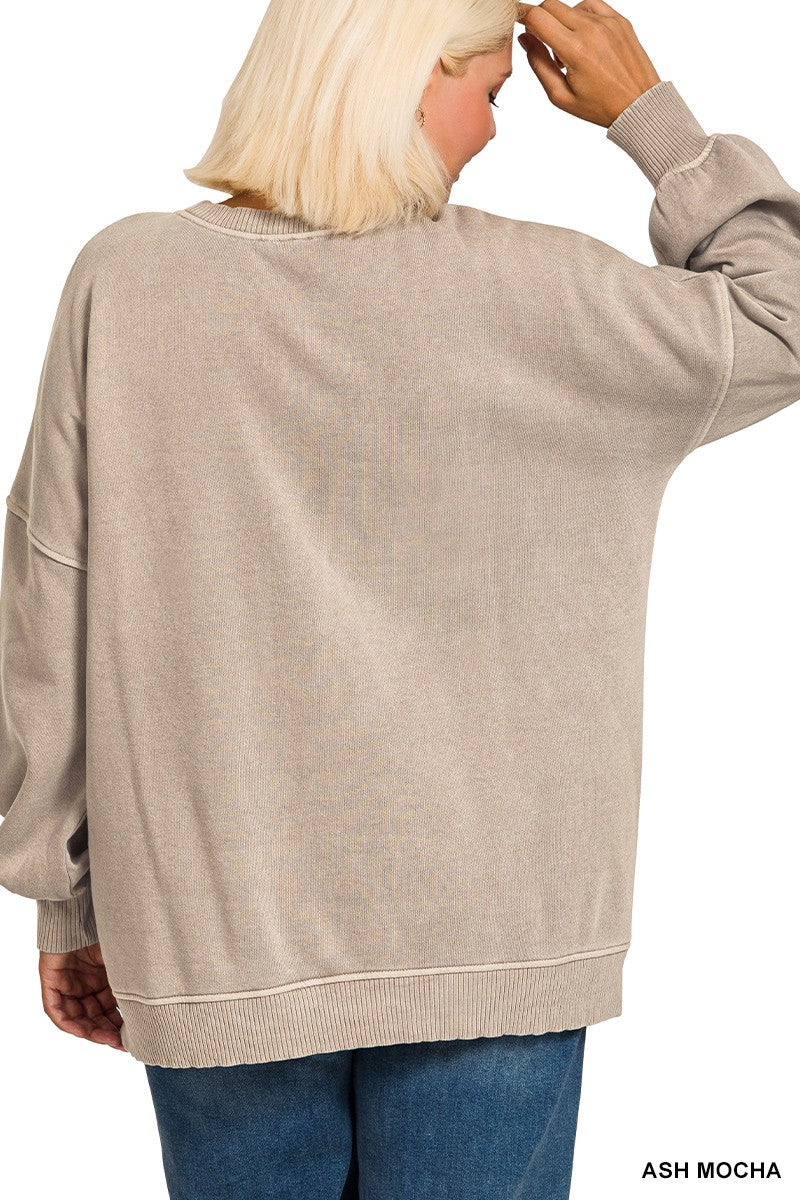 Zenana Plus Pigment Dye Fleece Hi-Low Hem Pullover With Pocket 4383X5