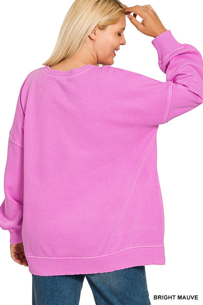Zenana Plus Pigment Dye Fleece Hi-Low Hem Pullover With Pocket 4383X5