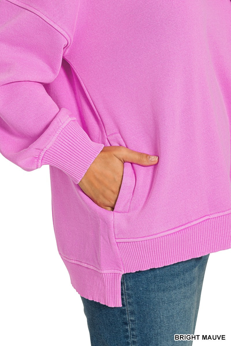 Zenana Plus Pigment Dye Fleece Hi-Low Hem Pullover With Pocket 4383X5