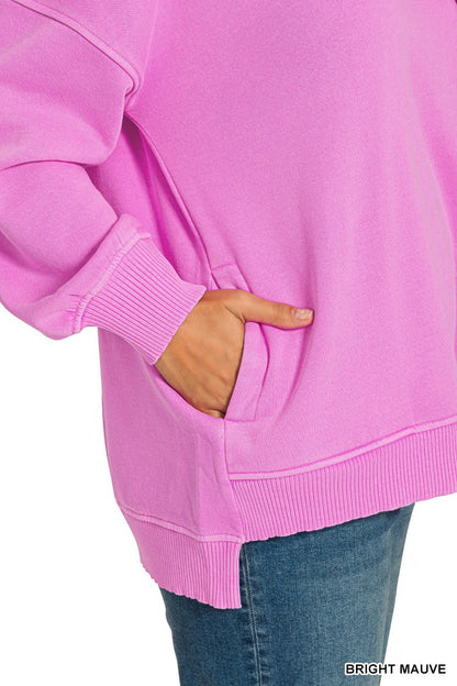 Zenana Plus Pigment Dye Fleece Hi-Low Hem Pullover With Pocket 4383X5