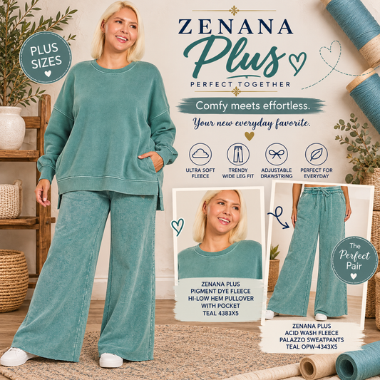 Zenana Plus Pigment Dye Fleece Hi-Low Hem Pullover With Pocket 4383X5