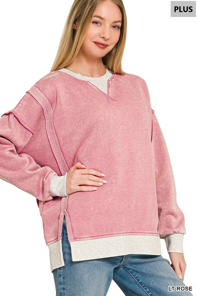 Zenana Plus Fleece Acid Washed Contrast Trim Pullover 4580X5