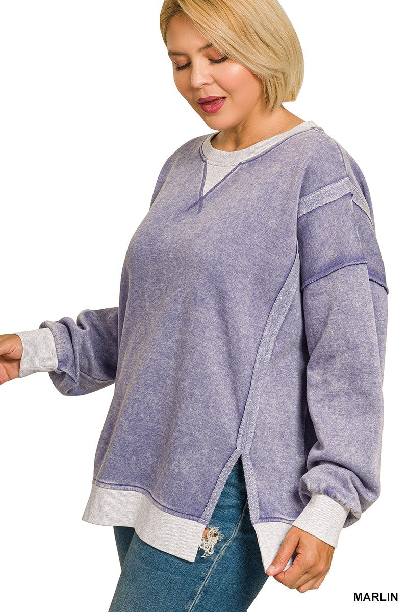 Zenana Plus Fleece Acid Washed Contrast Trim Pullover 4580X5