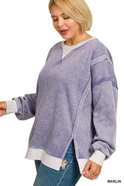 Zenana Plus Fleece Acid Washed Contrast Trim Pullover 4580X5