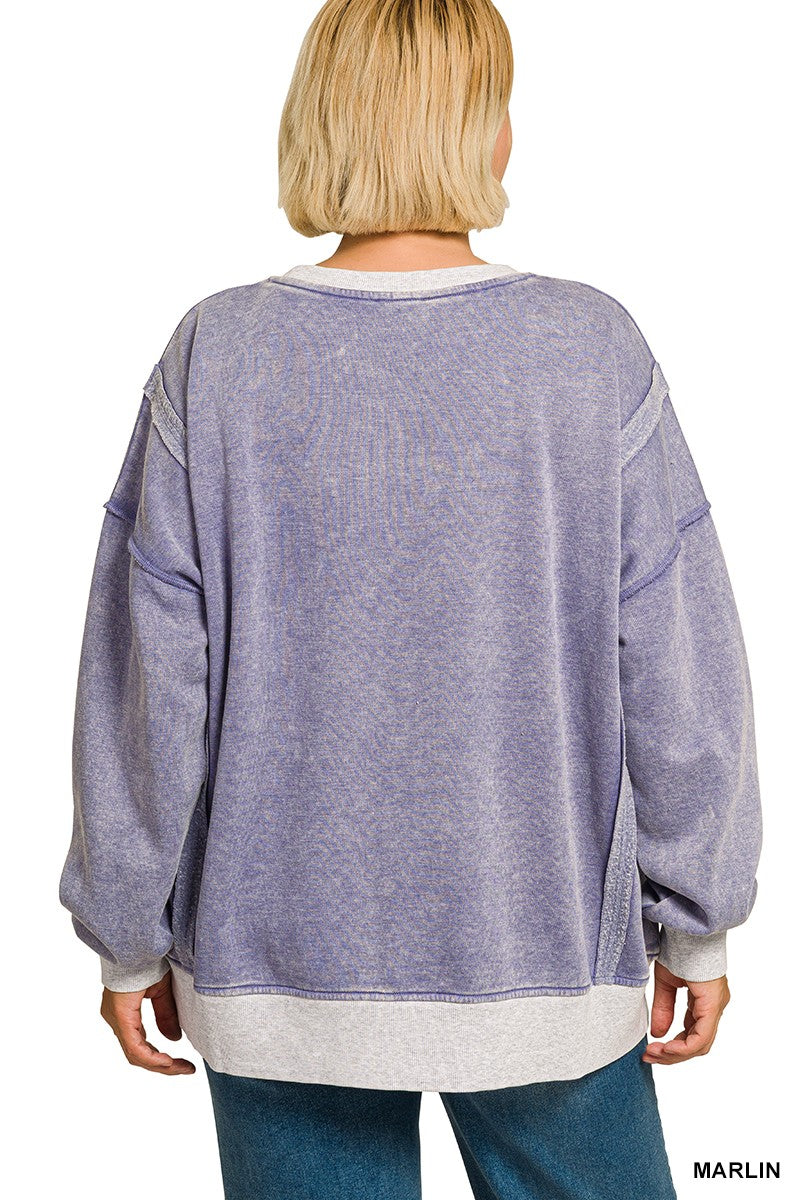Zenana Plus Fleece Acid Washed Contrast Trim Pullover 4580X5