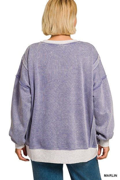 Zenana Plus Fleece Acid Washed Contrast Trim Pullover 4580X5
