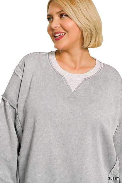 Zenana Plus Fleece Acid Washed Contrast Trim Pullover 4580X5