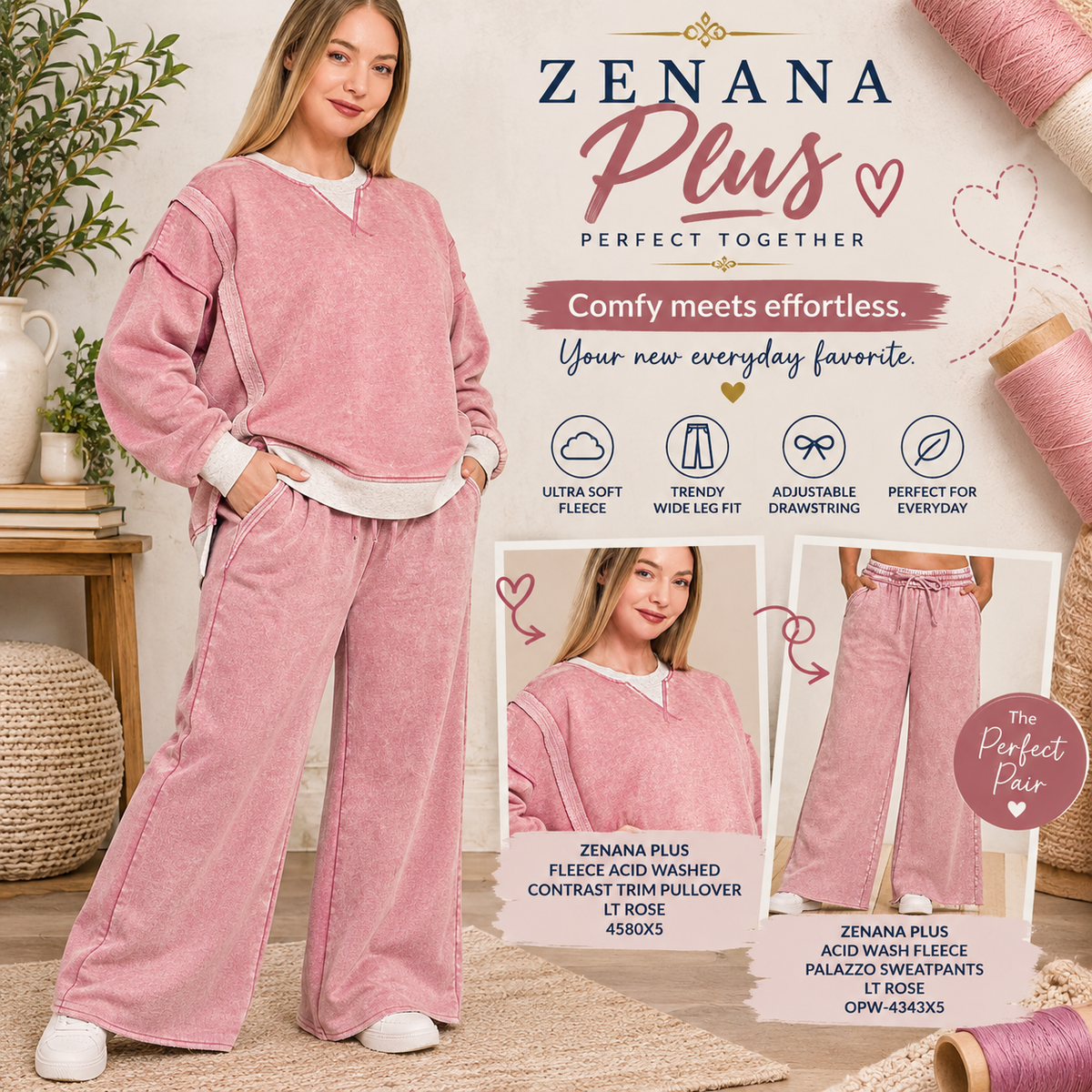 Zenana Plus Fleece Acid Washed Contrast Trim Pullover 4580X5
