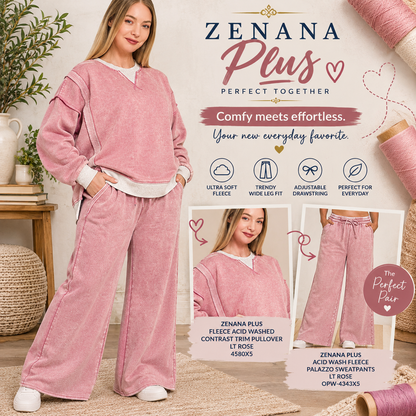Zenana Plus Fleece Acid Washed Contrast Trim Pullover 4580X5