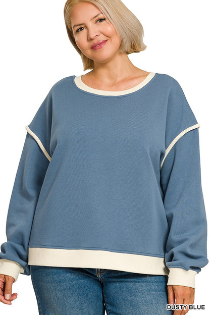 Zenana Plus Fleece Contrast Trim Piping Detail Sweatshirts 4594X5