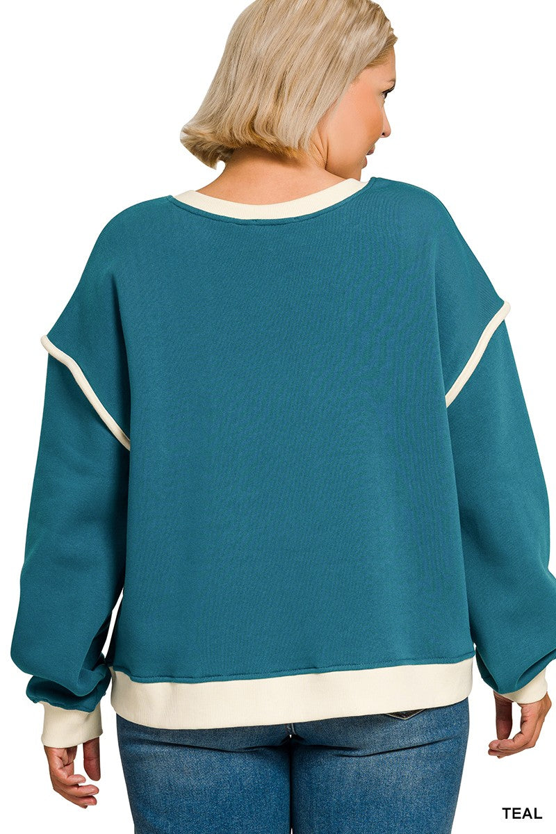 Zenana Plus Fleece Contrast Trim Piping Detail Sweatshirts 4594X5