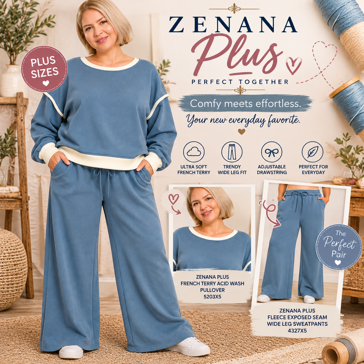 Zenana Plus Fleece Contrast Trim Piping Detail Sweatshirts 4594X5