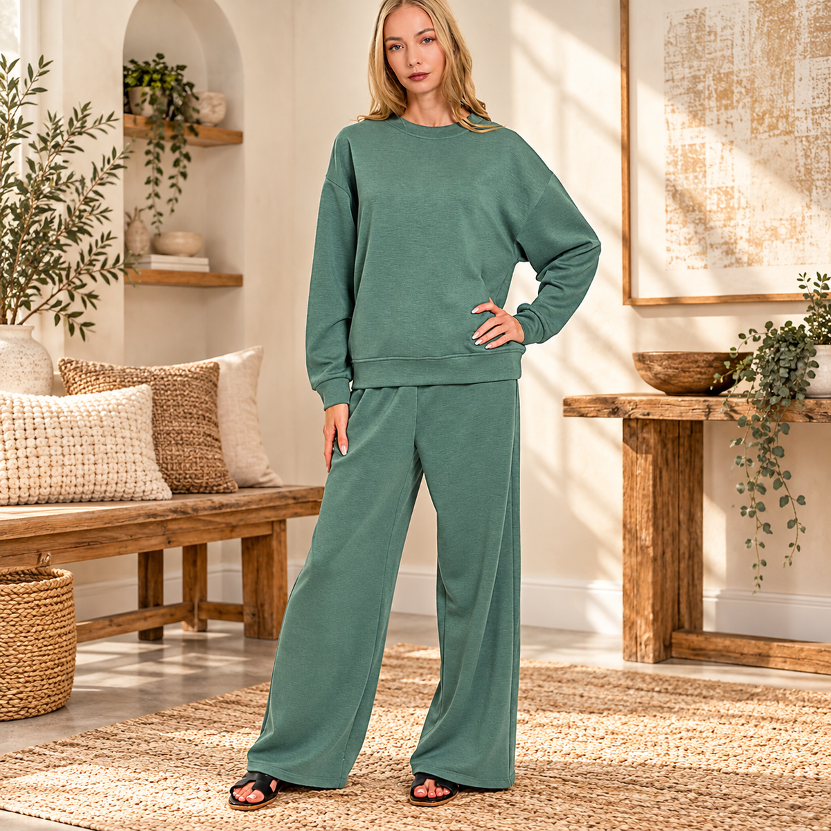Zenana Scuba Crewneck Pullover & Pants 2 Pieces Set 4055D4