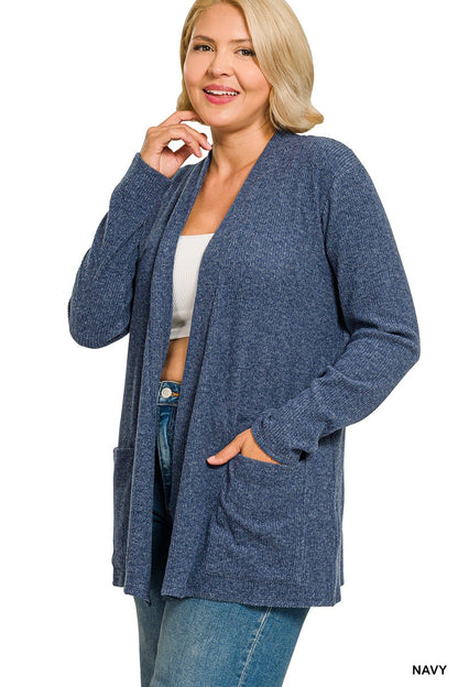 Zenana Plus Heather Ribbed Sweater Open Front Cardigan 2245X