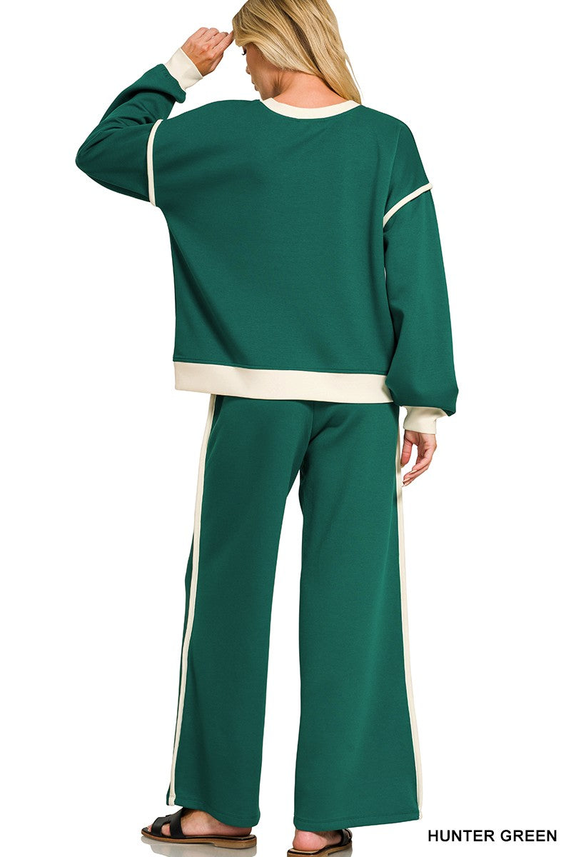 Zenana Scuba Contrast Trim Piping Detail Sweatshirts & Pants Set 4166Y