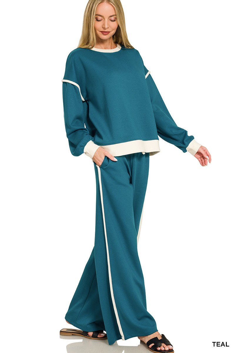 Zenana Scuba Contrast Trim Piping Detail Sweatshirts & Pants Set 4166Y