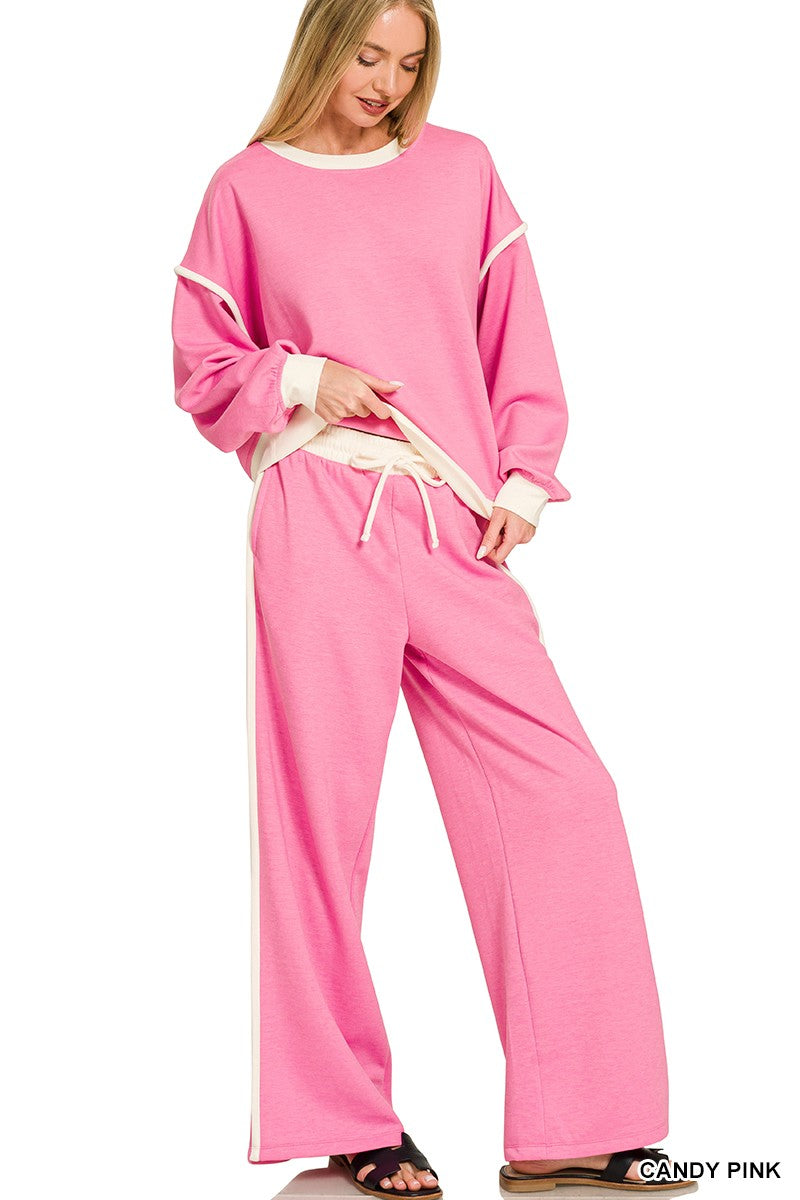 Zenana Scuba Contrast Trim Piping Detail Sweatshirts & Pants Set 4166Y
