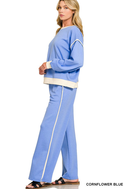 Zenana Scuba Contrast Trim Piping Detail Sweatshirts & Pants Set 4166Y