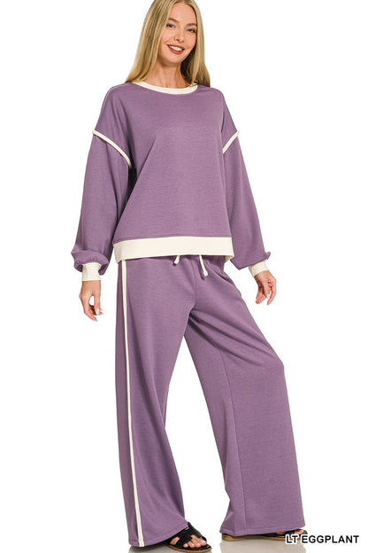 Zenana Scuba Contrast Trim Piping Detail Sweatshirts & Pants Set 4166Y