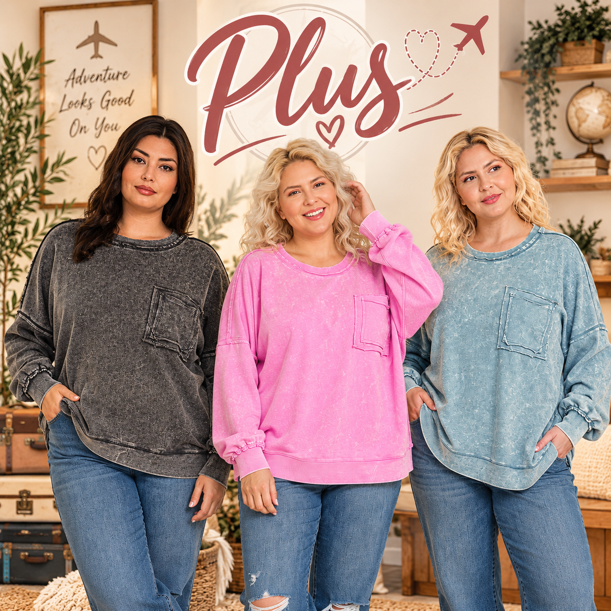 Zenana Plus French Terry Acid Wash Pullover 5203X5