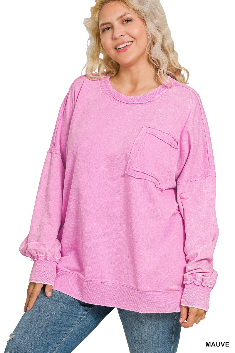 Zenana Plus French Terry Acid Wash Pullover 5203X5