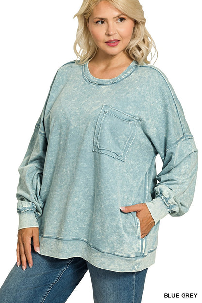 Zenana Plus French Terry Acid Wash Pullover 5203X5