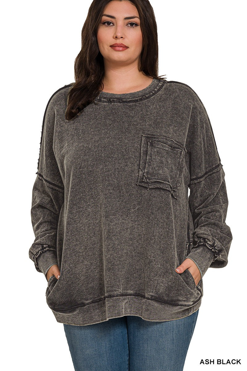 Zenana Plus French Terry Acid Wash Pullover 5203X5