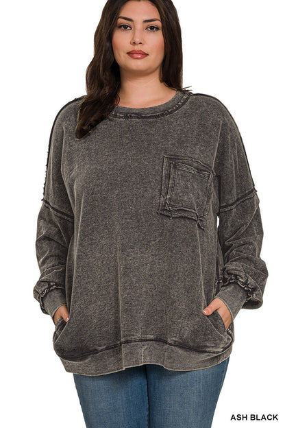 Zenana Plus French Terry Acid Wash Pullover 5203X5