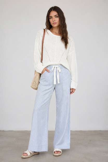 Blu Pepper Pointelle V Stitch Rolled Edge Knit Sweater_Cream