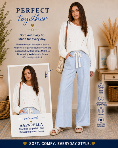 Aaparella Sky Blue Stripe Mid Rise Drawstring Waist Jeans