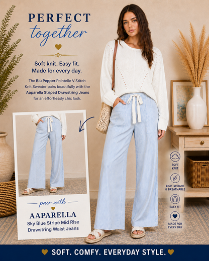 Blu Pepper Pointelle V Stitch Rolled Edge Knit Sweater_Cream